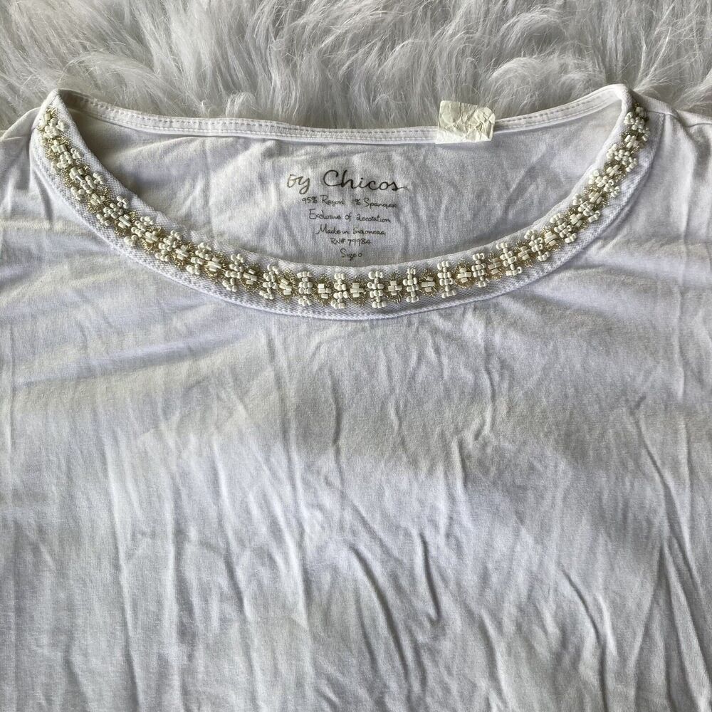 By Chico's Tee Top Blouse Sz 0/Small Beaded Neckline Casual White Summer Elastic - Picture 2 of 6
